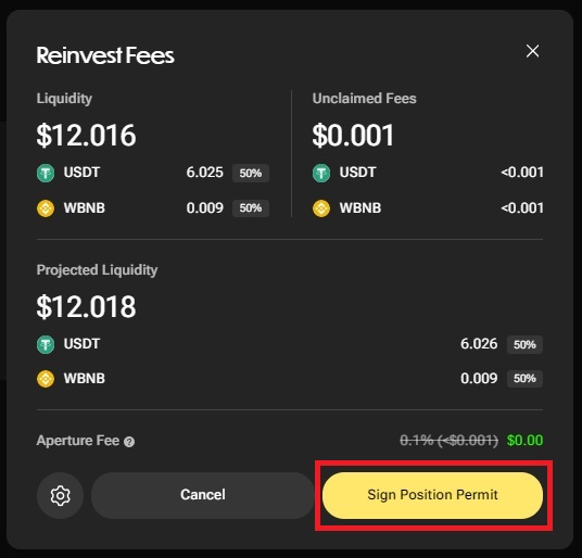 Aperture Finance エアドロタスク、「Reinvest Your Fees」の解説。