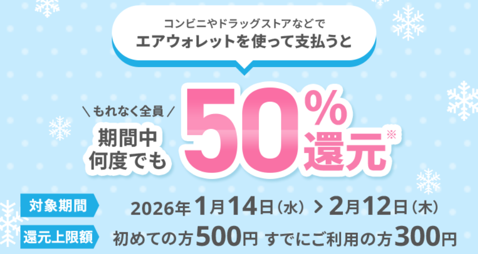 コンビニやドラッグストアなどでエアウォレットを使うと50%還元。最大500円の「COIN+」残高がもらえ非常にお得なキャンペーンです!